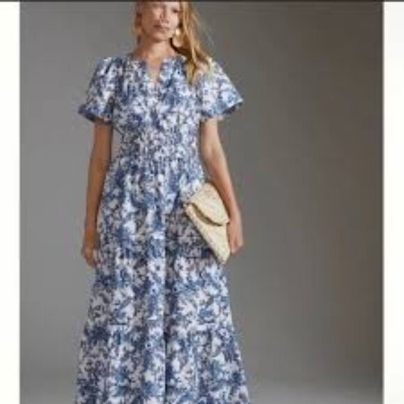 Maeve by Anthropologie The Somerset Maxi Dress Floral white Blue Size XXS New